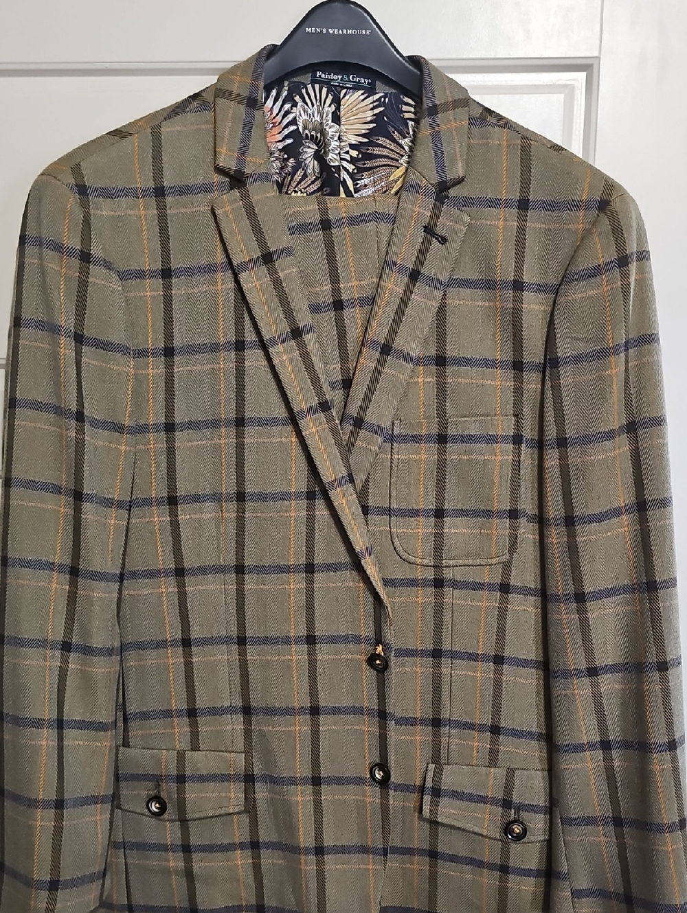Paisley & Gray Olive Plaid Sport Coat with Navy & Tan Windowpane